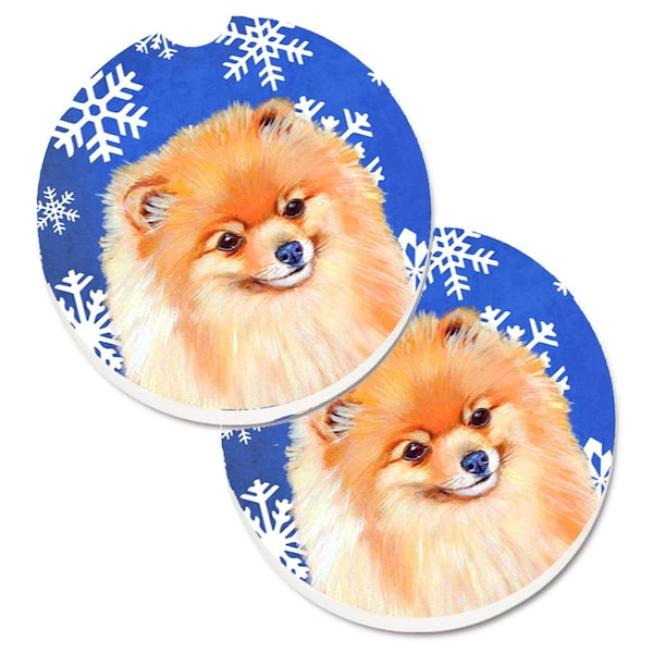 Carolines Treasures Pomeranian Winter Snowflakes Holiday Set of 2 Cup Holder Car Coaster LH9305CARC - main